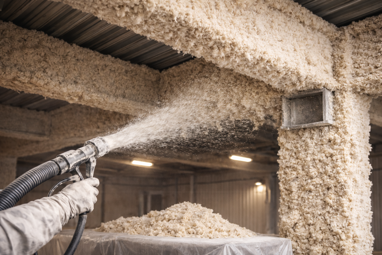 Mise en œuvre de flocage fibreux coupe-feu sur chantier